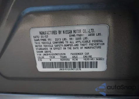 2007 Infiniti G35 Sport from USA, damaged, VIN JNKBV61E97M712578